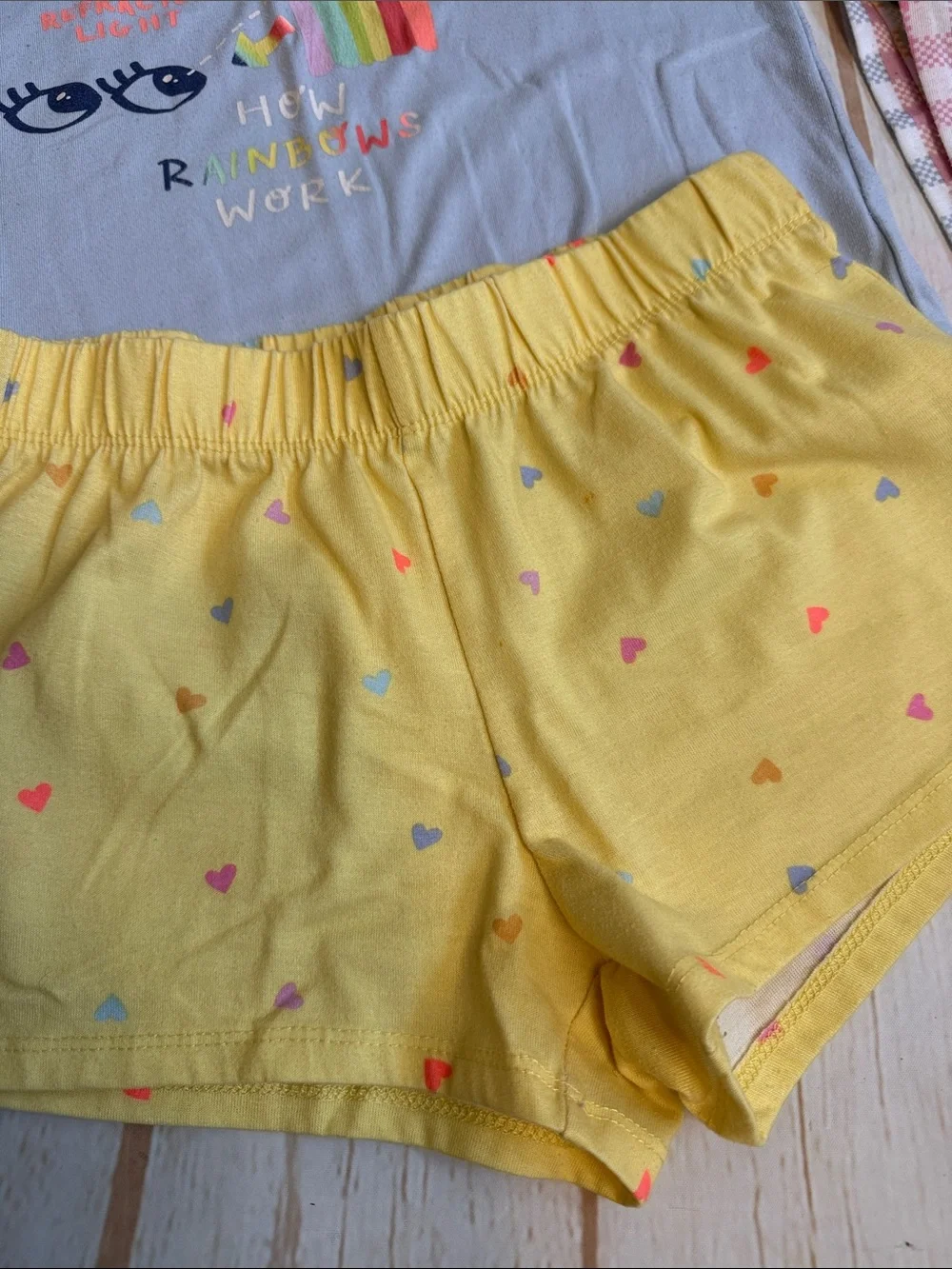 Cat & Jack 3-Piece Rainbow Pajama Set with Yellow Shorts and Pastel Plaid Pants